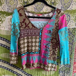Y2K Chacok Multicolored Ornamental Print 3/4 Sleeve Boho Artsy Top Size 1/ Small
